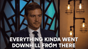 Peter Weber in a suit and tie, with text overlay: "EVERYTHING KINDA WENT DOWNHILL FROM THERE." Background has hanging light fixtures