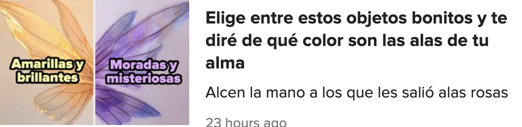 Elige entre estos objetos bonitos y te diré de qué color son las alas de tu alma. Opción 1: Amarillas y brillantes. Opción 2: Moradas y misteriosas. "Alcen la mano a los que les salió alas rosas"