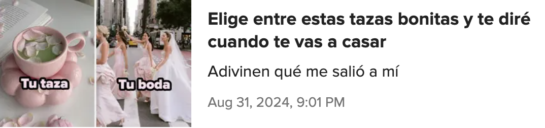 Tres imágenes: taza rosada, pareja de boda y una taza con pétalos en agua. Texto: "Elige entre estas tazas bonitas y te diré cuando te vas a casar. Adivinen qué me salió a mí" y fecha