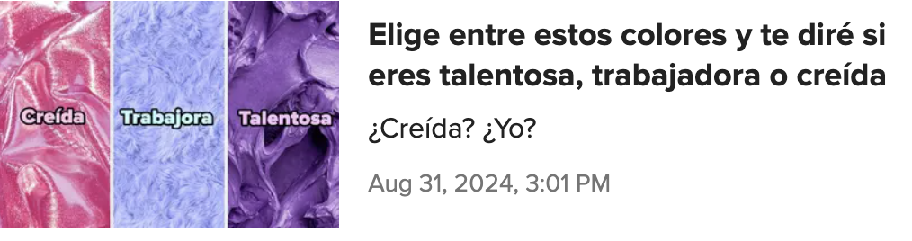 Tres opciones de colores con texto que dice: "Elige entre estos colores y te diré si eres talentosa, trabajadora o creída". ¿Creída? ¿Yo? Aug 31, 2024, 3:01 PM