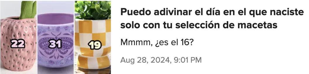 Tres macetas con los números 22, 31 y 19, junto al texto: "Puedo adivinar el día en el que naciste solo con tu selección de macetas. Mmmm, ¿es el 16? Aug 28, 2024, 9:01 PM"