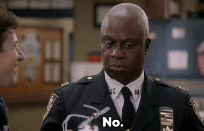 Jake Peralta excitedly gestures to Captain Raymond Holt, who sternly says &quot;No.&quot;