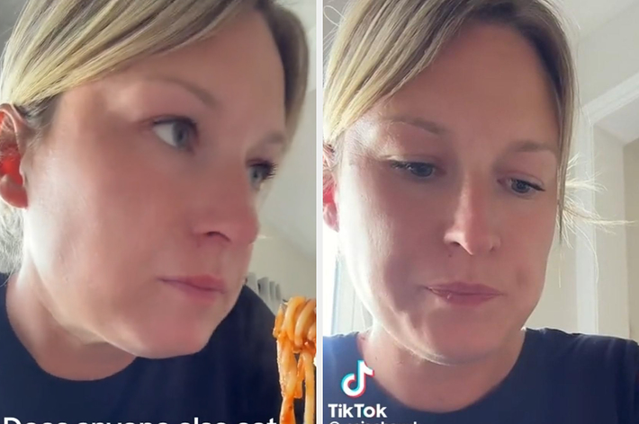 女性が座ってフォークで食べ物を食べようとしている画像。テキストは「子供がスナックを頼むので、夕方の4時25分に夕食を食べる人いますか?」と書かれています。