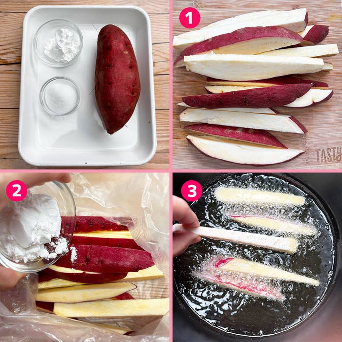 揚げる前のさつまいもフライの準備段階を示す3枚の画像。1. さつまいものスライス、2. 片栗粉をまぶす、3. 熱油で揚げる。