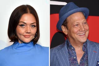 Model Plus-Size Tess Holliday in a high-neck top and actor Rob Schneider in a blue blazer and hat smile at the camera