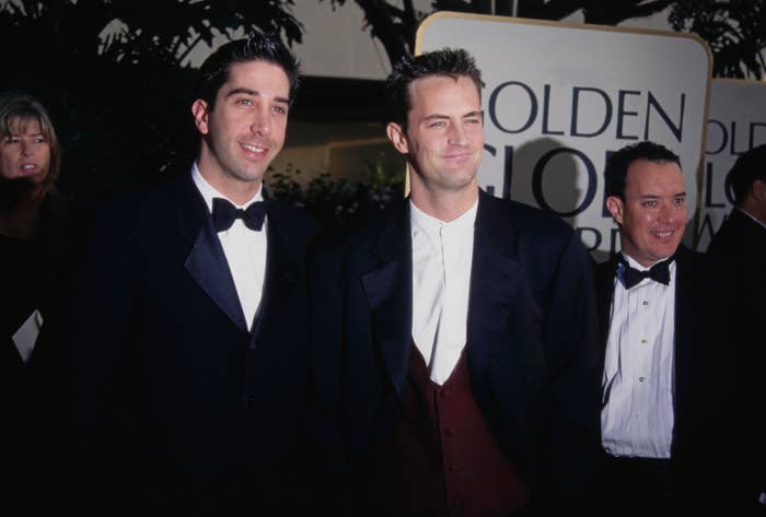 David Schwimmer and Matthew Perry in tuxedos at the Golden Globe Awards