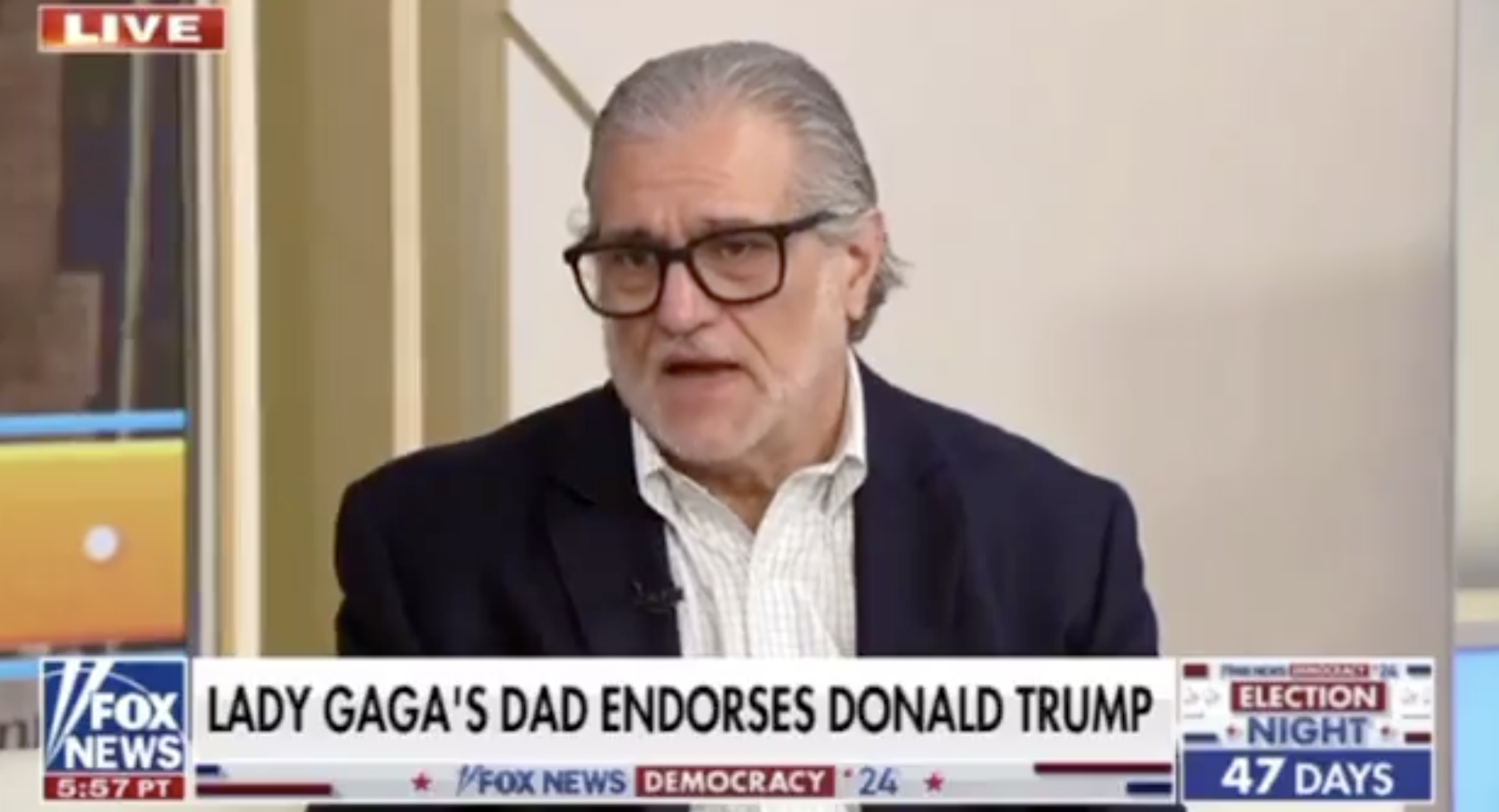 Lady Gaga's dad endorses Donald Trump in a Fox News interview with a news ticker counting down 47 days to Election Night