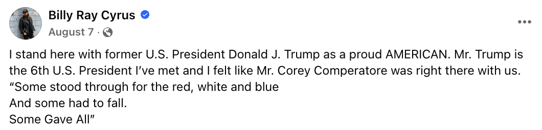Facebook post by Billy Ray Cyrus expressing pride for standing with former U.S. President Donald J. Trump, mentioning the 6th president met, and citing song lyrics