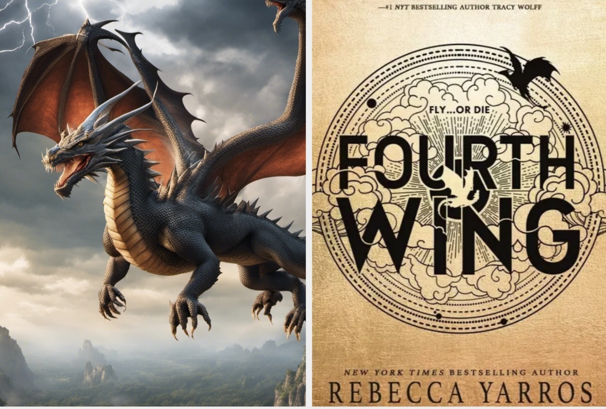 A dragon flying above a mountainous landscape next to the book cover for "Fourth Wing" by Rebecca Yarros
