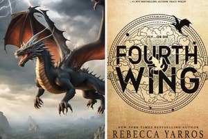 A dragon flying above a mountainous landscape next to the book cover for "Fourth Wing" by Rebecca Yarros