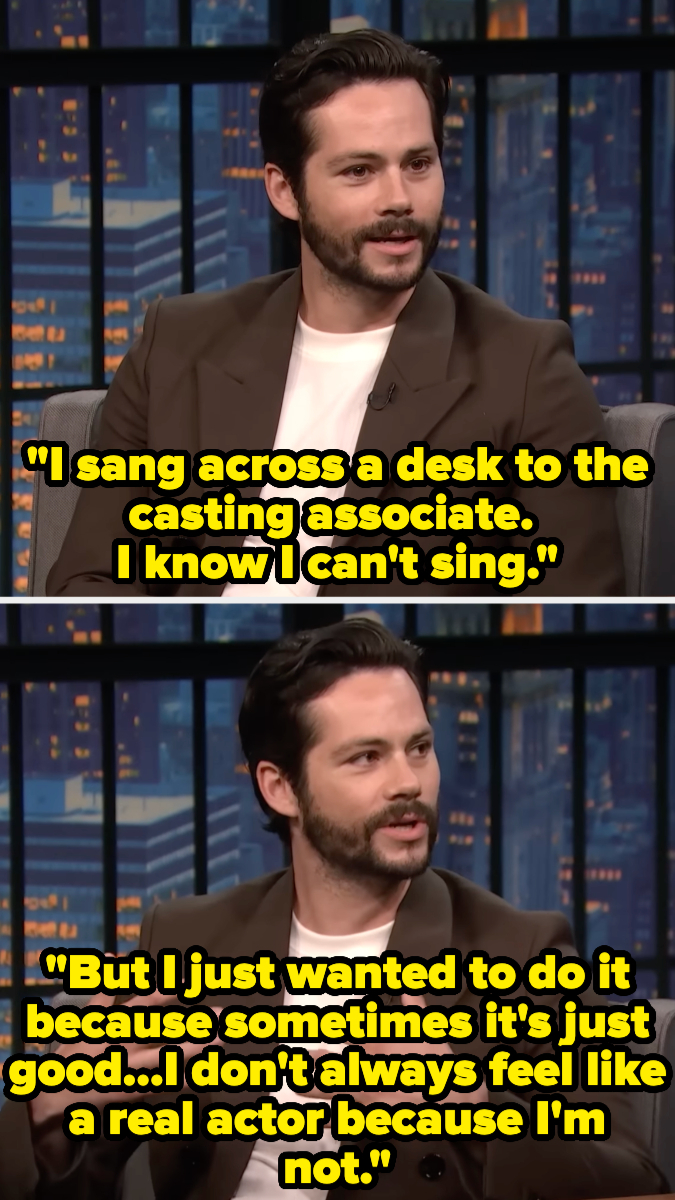 Dylan O'Brien on a talk show, sharing his experience about singing for a casting associate despite knowing he can't sing