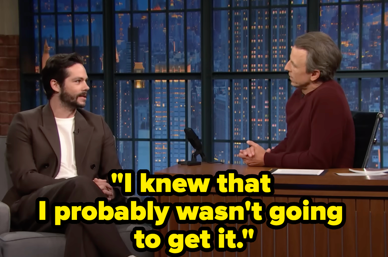 Dylan talks to Seth Meyers on a talk show set. Text overlay reads, "I knew that I probably wasn't going to get it"