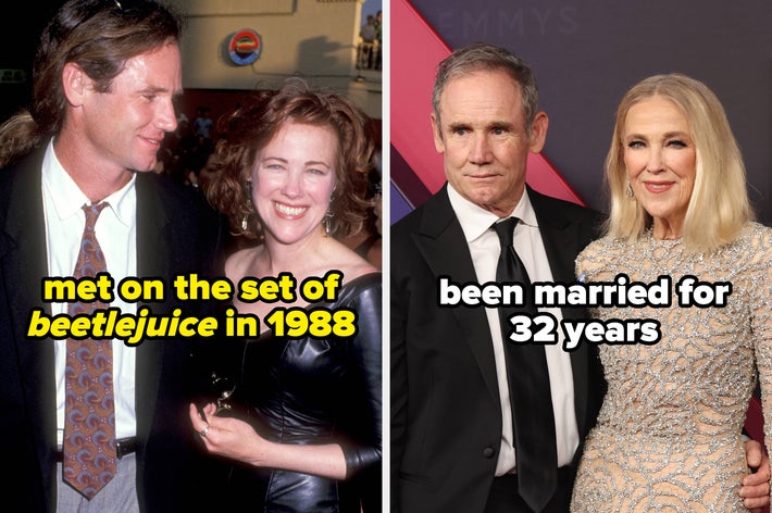 Side-by-side photos of Catherine O’Hara and Bo Welch; one from 1988 and one recent, highlighting their 32-year marriage