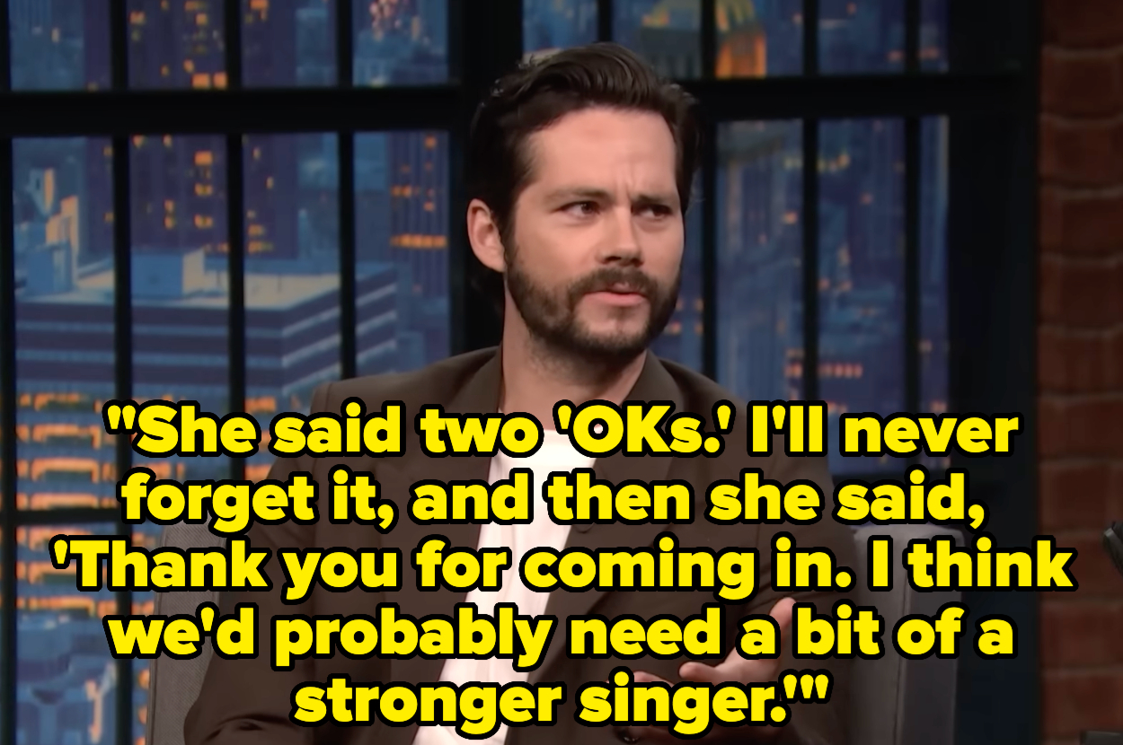 Dylan O'Brien on a talk show set, sharing a quote about a past experience. The quote discusses how he was told they needed a stronger singer