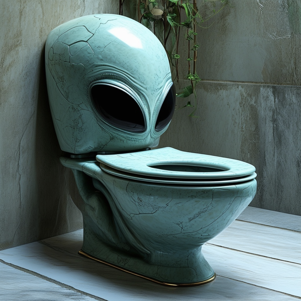A bathroom with a toilet designed to look like an alien's head with large black eyes