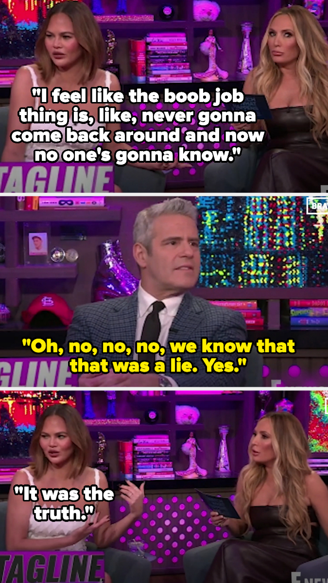 Chrissy Teigen, Andy Cohen, and Khloé Kardashian on a talk show. Chrissy discusses a past boob job. Andy and Khloé react to her statement