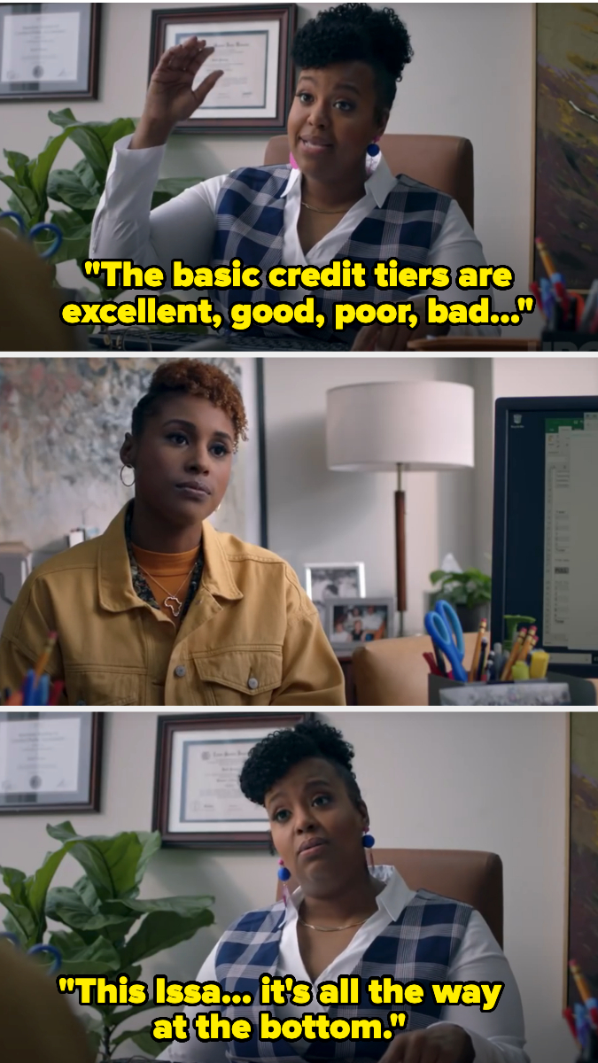 Top to bottom: Natasha, as a credit specialist, explains credit tiers to Issa sitting in an office. Issa is told her credit tier is at the bottom