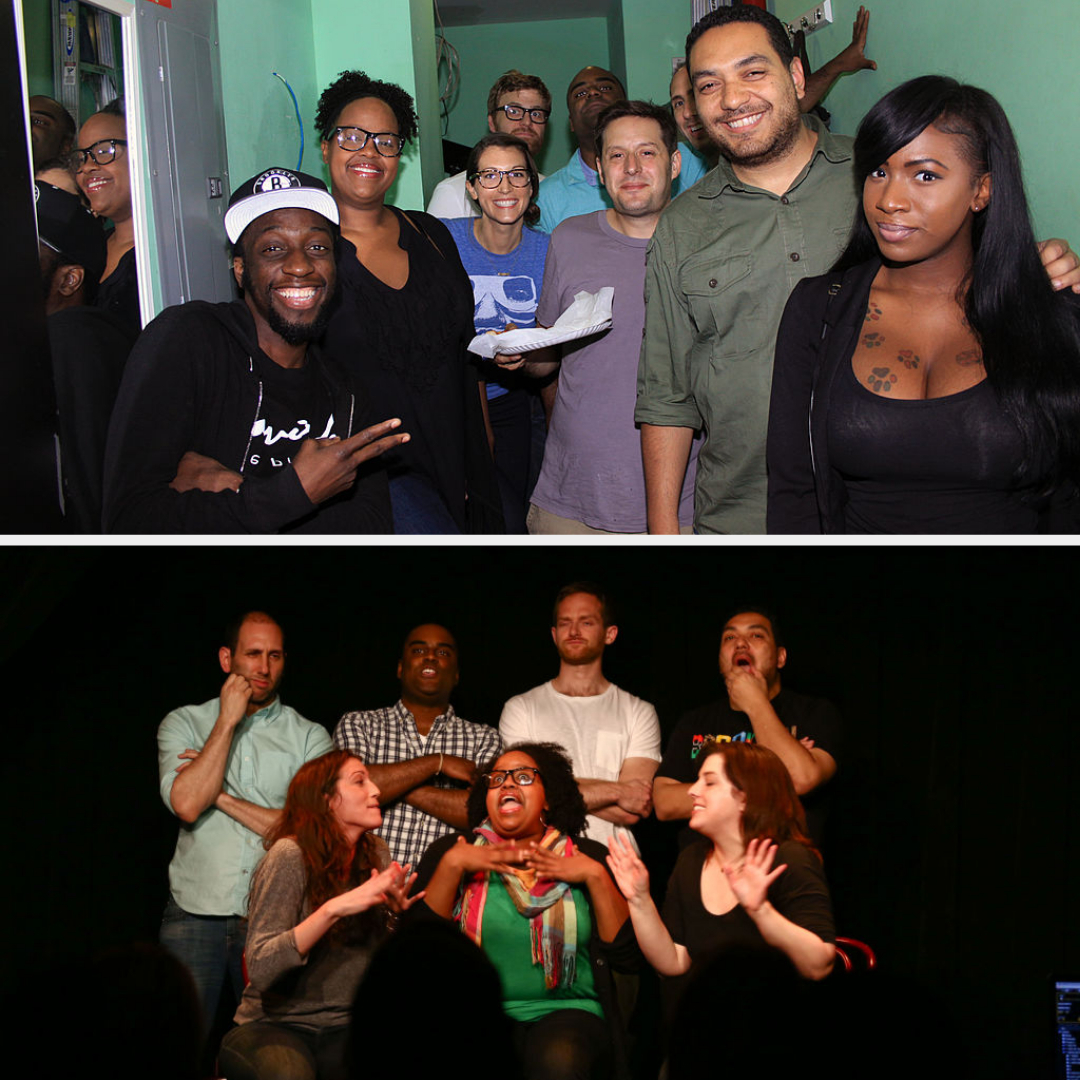 Top: Group of people smiling in a hallway. Bottom: Group of people performing on stage