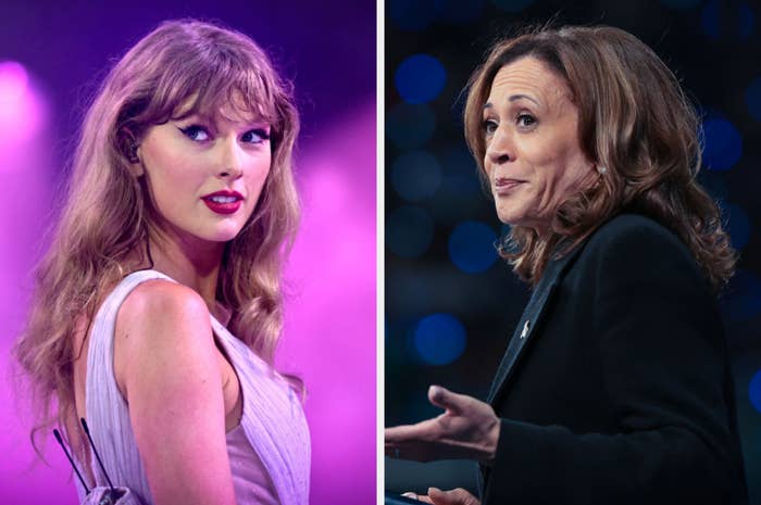 Taylor Swift in a sleeveless dress on stage. Kamala Harris in a dark jacket speaking