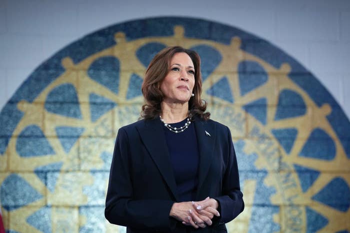 Kamala Harris stands in front of a decorative backdrop, wearing a dark blazer and pearl necklace