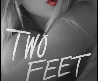 Cover of  "Two Feet" featuring a close-up of a woman's face and shoulders with red lipstick