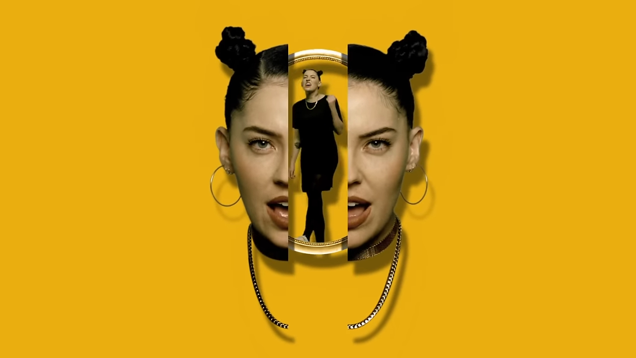 A split image of singer in a black top and gold hoop earrings against a yellow background. Multiple images of Jhené are creatively layered