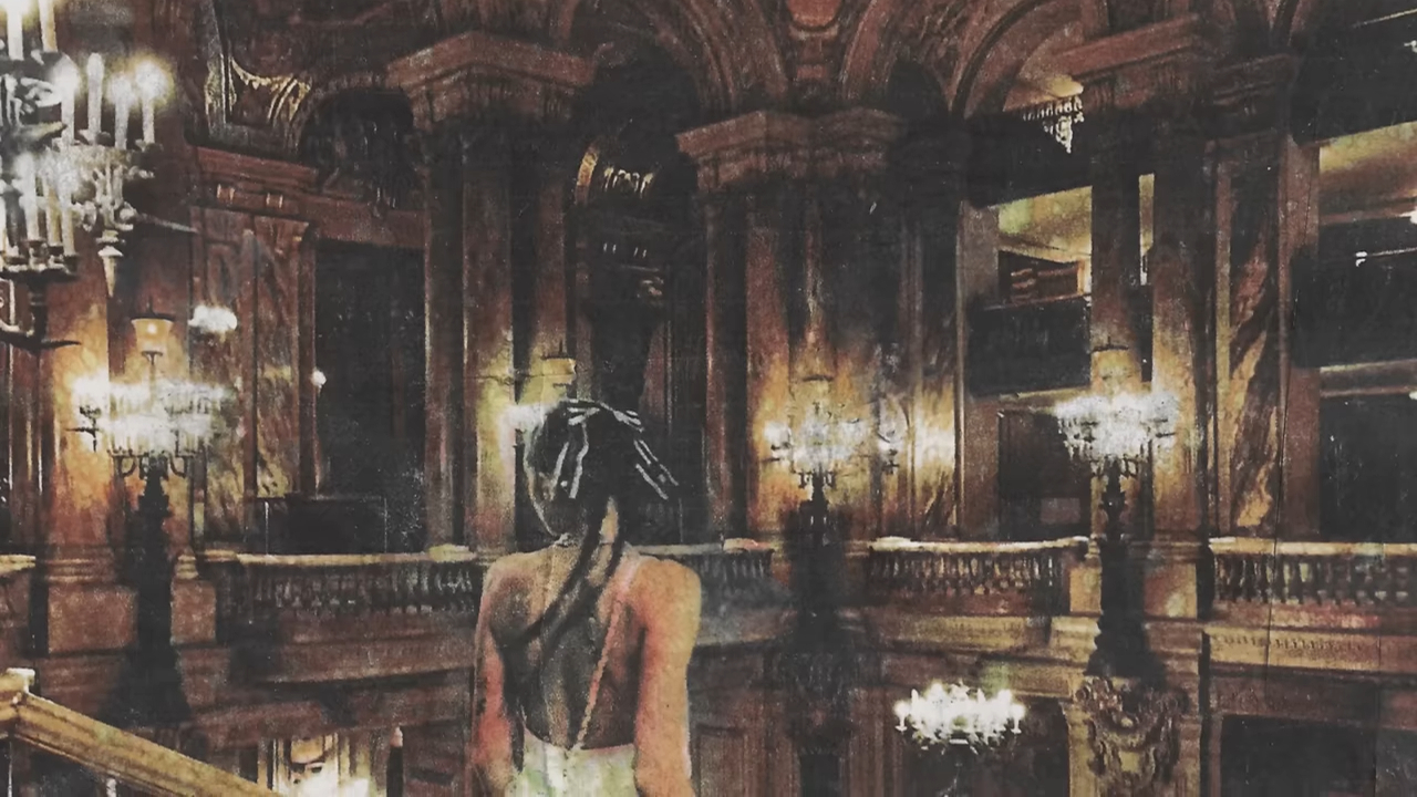 A woman in an elegant gown stands in a lavish, dimly-lit, ornate hall with grand chandeliers. The setting suggests a romantic, luxurious atmosphere