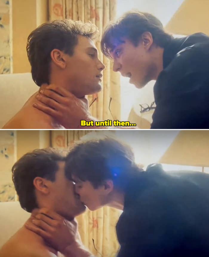 The two actors in the show kissing in their room, with the older brother grabbing the other's throat with a hand and pulling in closer