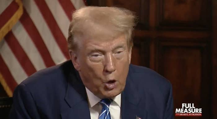 Donald Trump speaking during an interview with the American flag in the background and the words "Full Measure with Sharyl Attkisson" visible on the screen