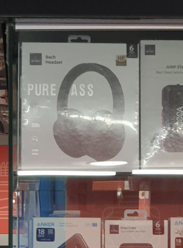 Bach Headset showing a large image of the headphones with the text "PURE BASS" above it. Various product details are visible