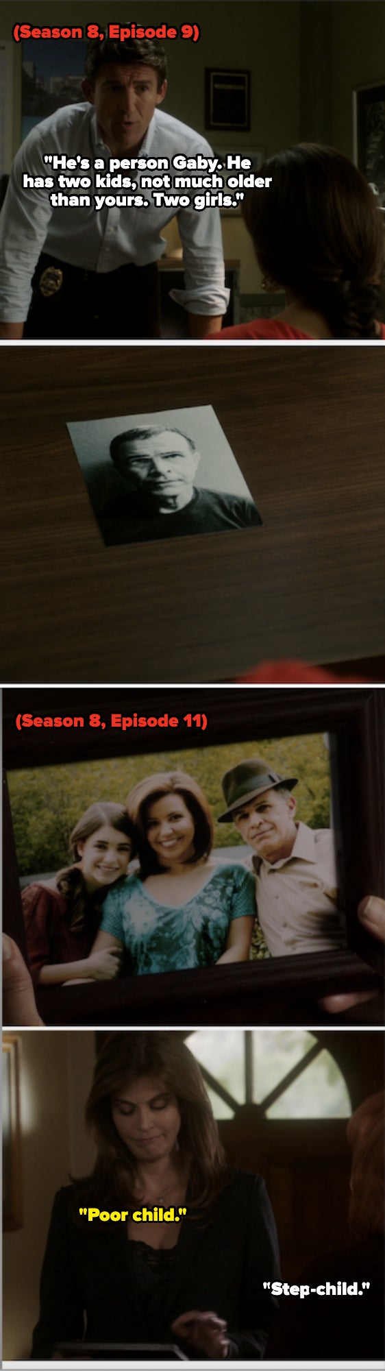 A antheral   successful  a achromatic  garment  talks to a woman. A black-and-white photograph  of a antheral   lies connected  a table. A household  photograph  of a miss  with 2  adults is held. A pistillate   reads a letter