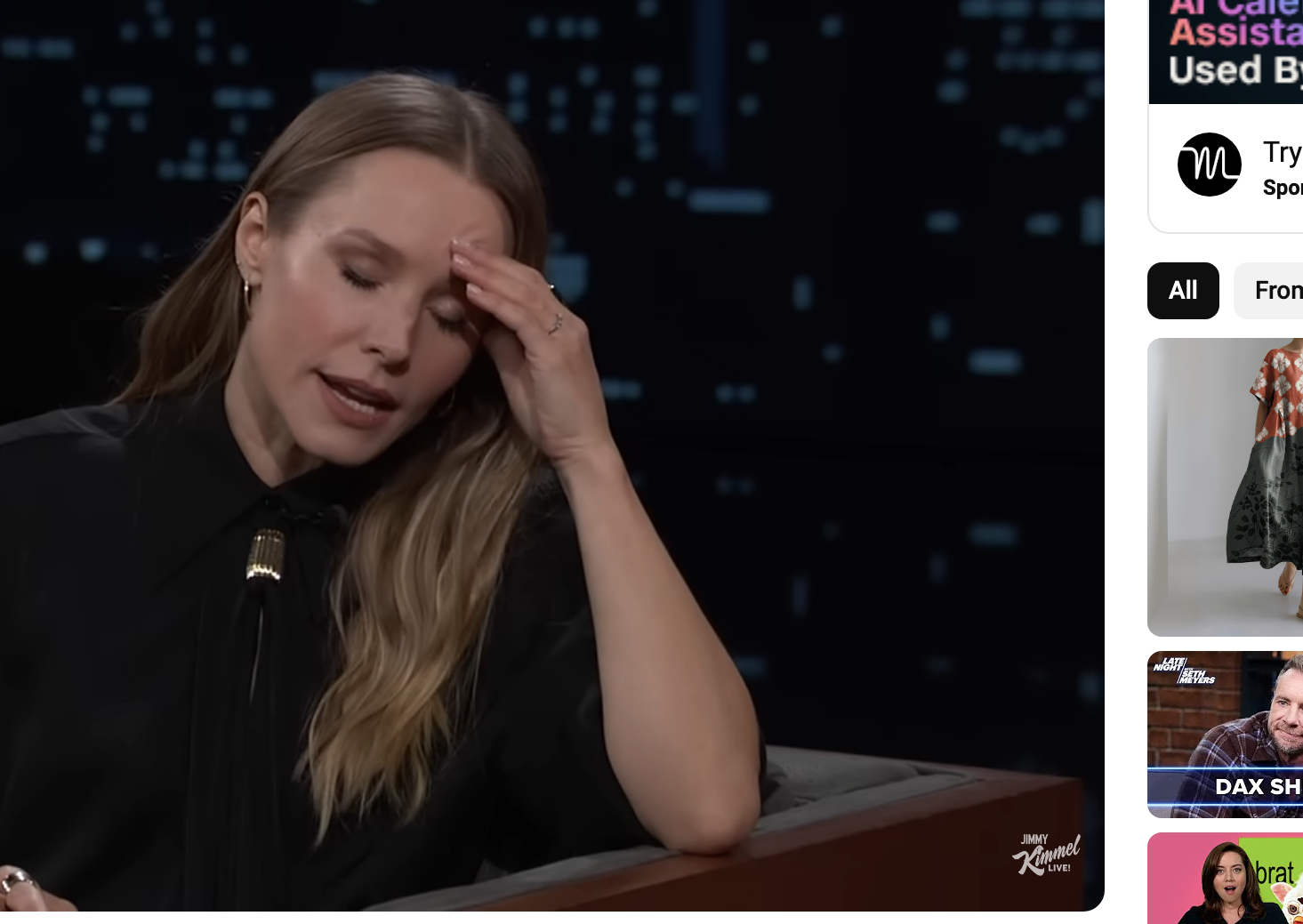 Kristen Bell on Jimmy Kimmel Live, resting her head in her hand, discussing taking her husband Dax home, their kids loving Denmark, and vacationing with Jimmy