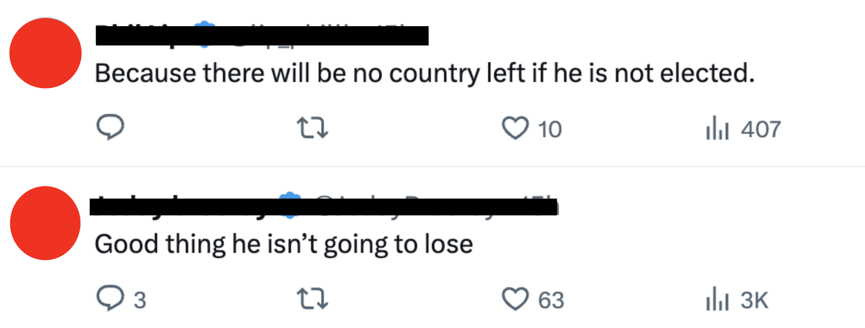 Twitter conversation between Phil Lip and Joday Breezay. Phil Lip tweets, "Because there will be no country left if he is not elected." Joday Breezay responds, "Good thing he isn’t going to lose."