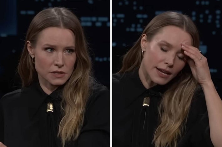 Kristen Bell, wearing a black top, is pictured in two side-by-side photos. In the first, she looks engaged in conversation; in the second, she appears thoughtful