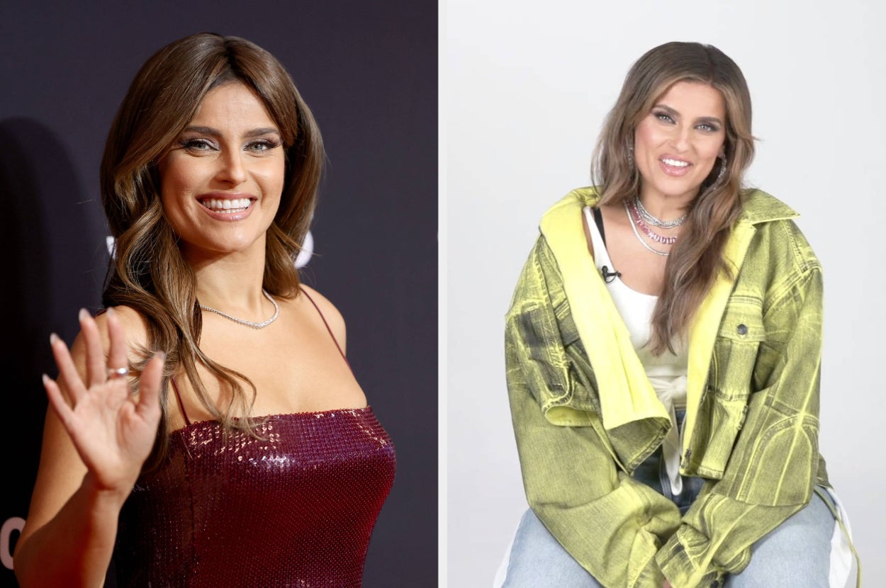 Nelly Furtado is in two images: left in a glamorous red dress waving on a red carpet, right smiling in a casual yellow jacket sitting for an interview