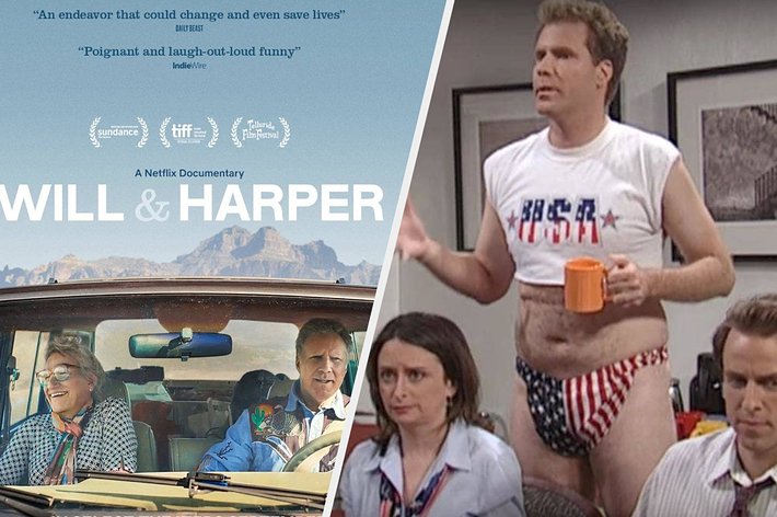 Poster featuring the documentary "Will & Harper" with Will Ferrell and Harper driving in a car, and an SNL scene where Will Ferrell wears a USA flag bikini bottom