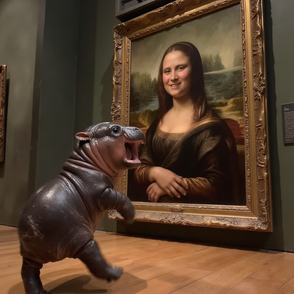 A baby hippopotamus appears to excitedly react to the Mona Lisa painting in a museum