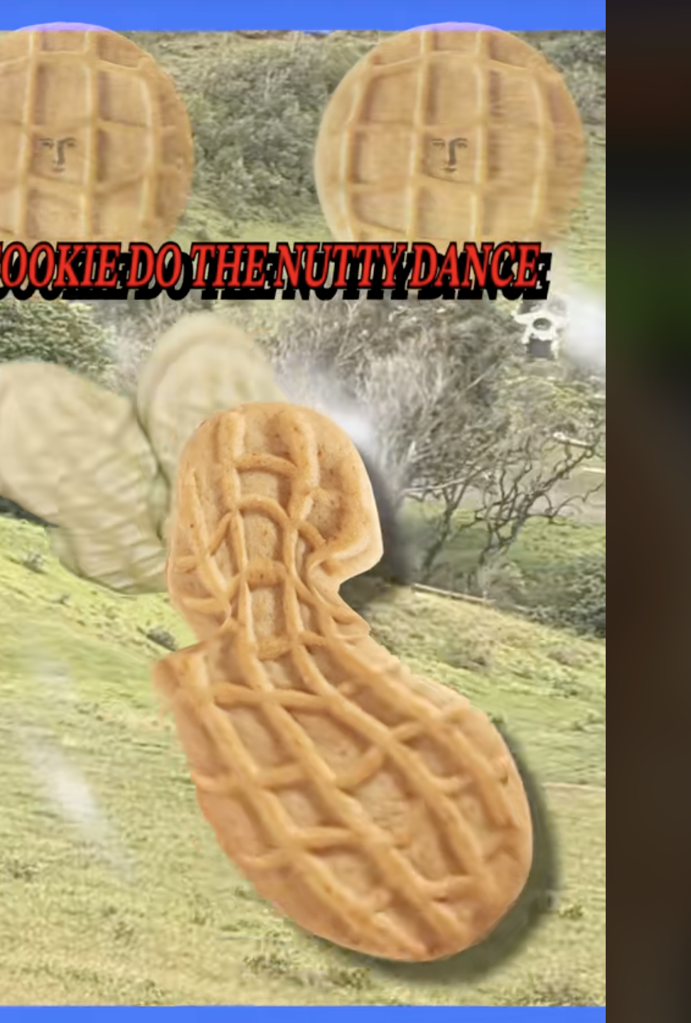 Animated peanut butter cookies with arms and legs dance on a hillside. Text reads: "COOKIE DO THE NUTTY DANCE"