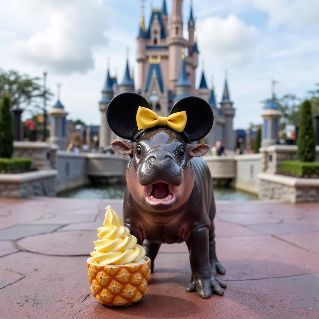 Hippo figurine wearing Mickey Mouse ears with a yellow bow, next to a Dole Whip dessert, in front of Cinderella&#x27;s Castle at a Disney park