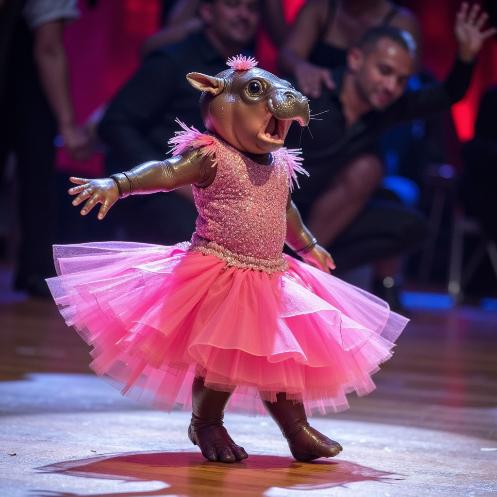 A hippo in a sparkly pink tutu performs on stage, delighting the audience in the background. The image is playful and humorous for an Internet Finds article