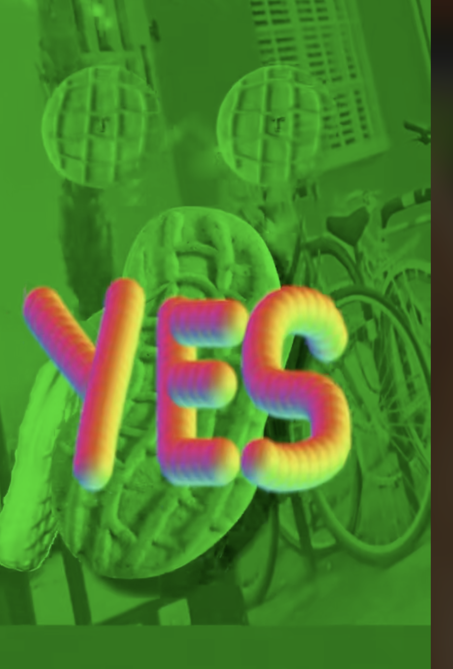 A screen with the highlighted word "YES" over a background showing a bike and the Nutter Butters