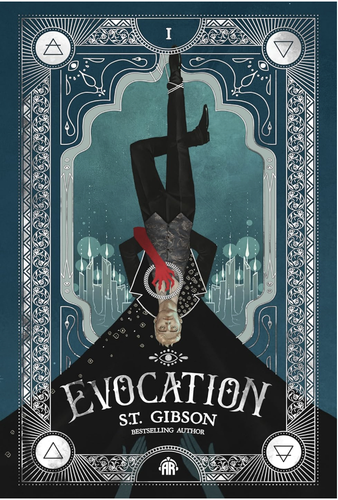 Book cover for "Evocation" by S.T. Gibson. Shows a person hanging upside down against a stylized, mystical background. Text reads "Bestselling Author."