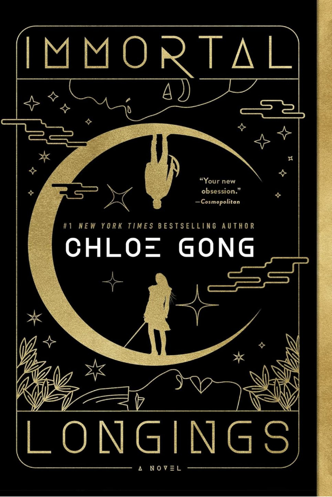 Cover of the novel "Immortal Longings" by Chloe Gong, featuring a crescent moon, two mirrored silhouettes, and gold embellishments