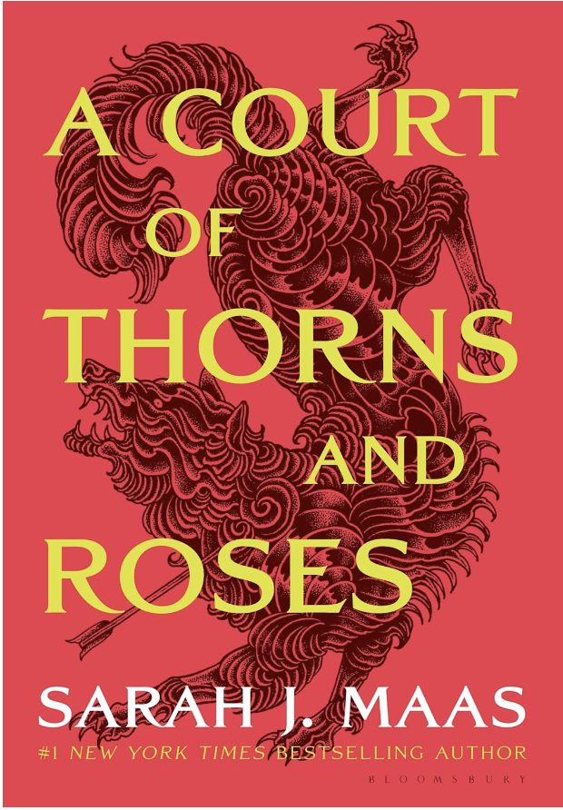 Cover of "A Court of Thorns and Roses" by Sarah J. Maas, featuring red background with an elaborate drawing of a mythical beast. The author is a #1 New York Times bestselling author