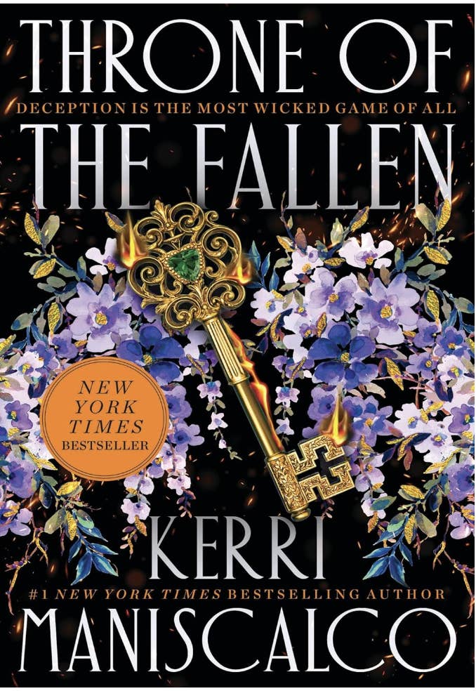 Book cover of "Throne of the Fallen" by Kerri Maniscalco, featuring a gold key, purple flowers, and the text "New York Times Bestseller."