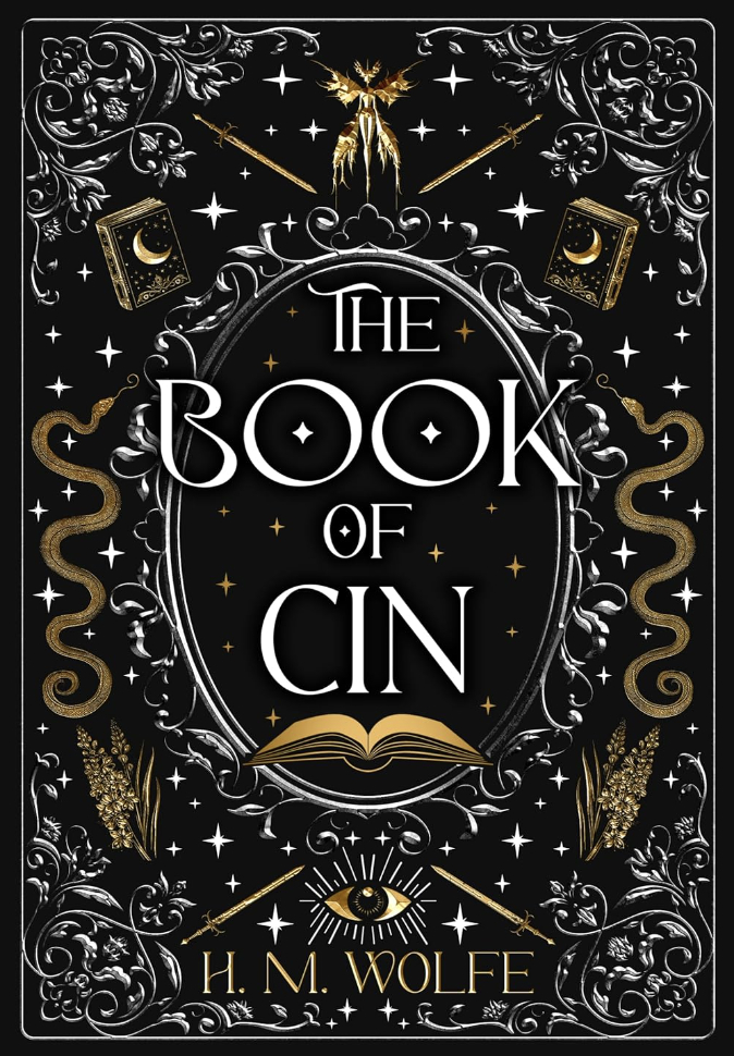 Cover of "The Book of Cin" by H. M. Wolfe, featuring ornate celestial and botanical designs surrounding the title