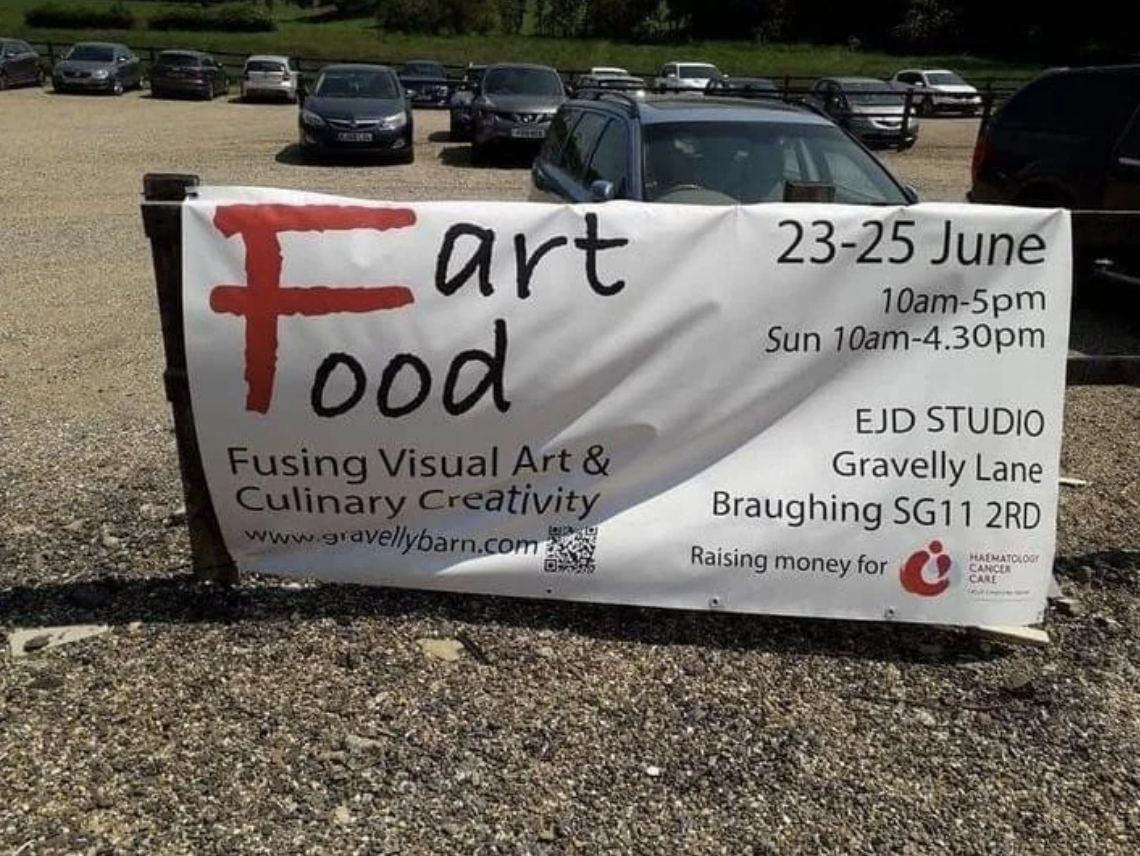 Banner for "Fart Food: Fusing Visual Art & Culinary Creativity" event at EJD Studio, June 23-25. Proceeds support Haematology Cancer Care