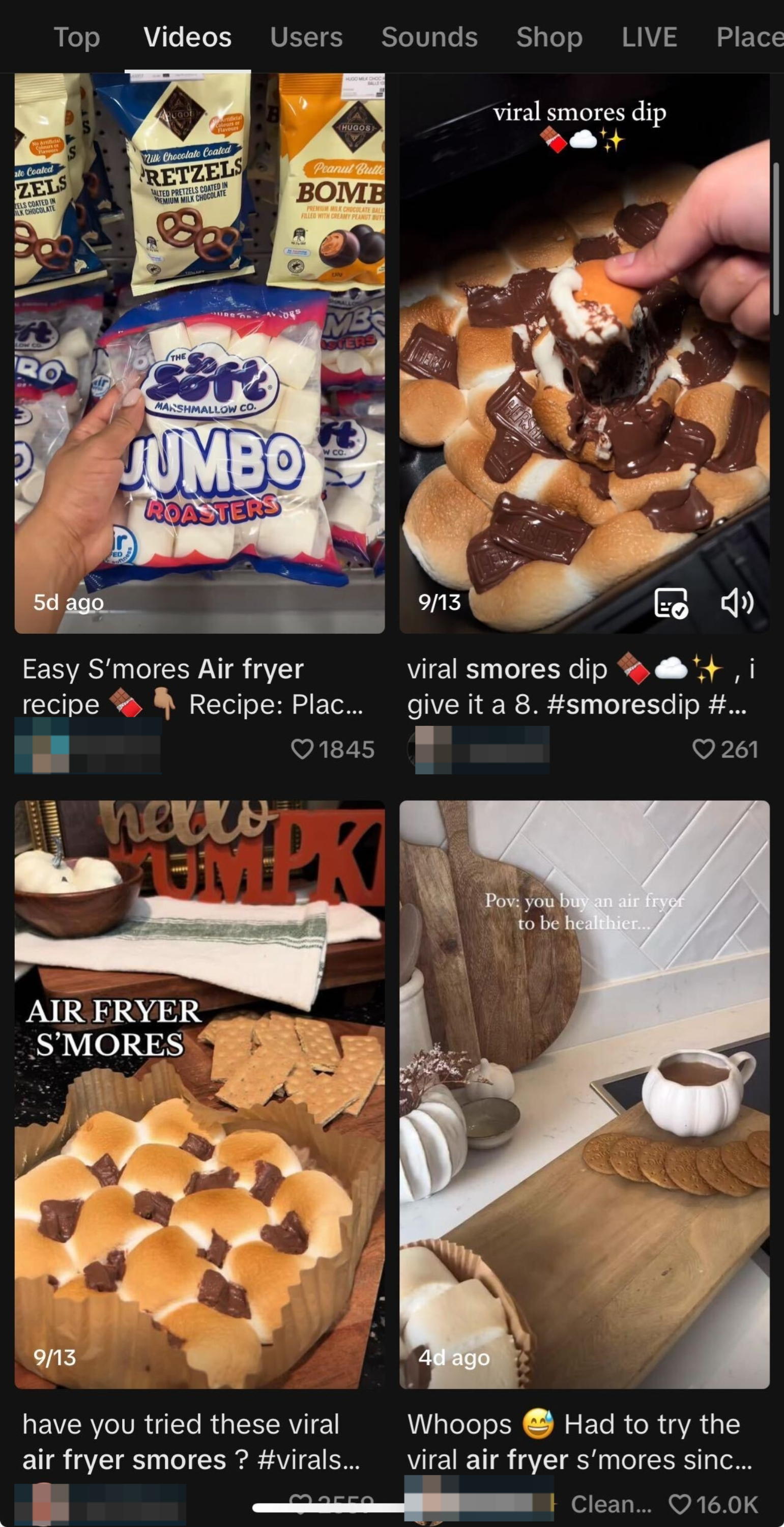 Four TikTok video thumbnails showcase viral Air Fryer s'mores recipes and views. The videos feature different creators and start with displaying a bag of marshmallows
