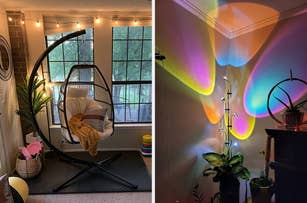 A cozy room setup featuring a modern hanging chair with cushions on the left and a room corner with colorful light reflections on the right
