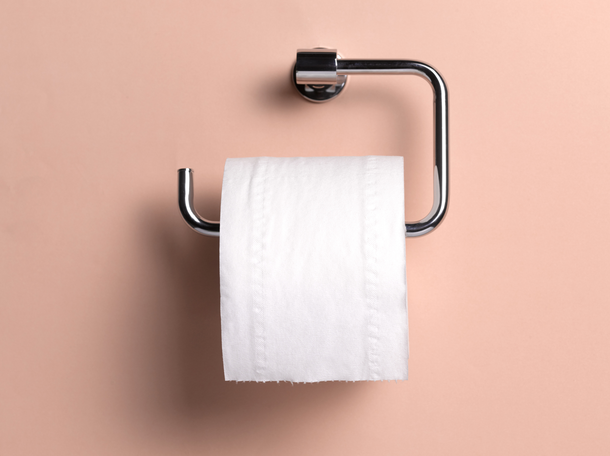 Toilet paper roll on a sleek, modern chrome holder against a plain background